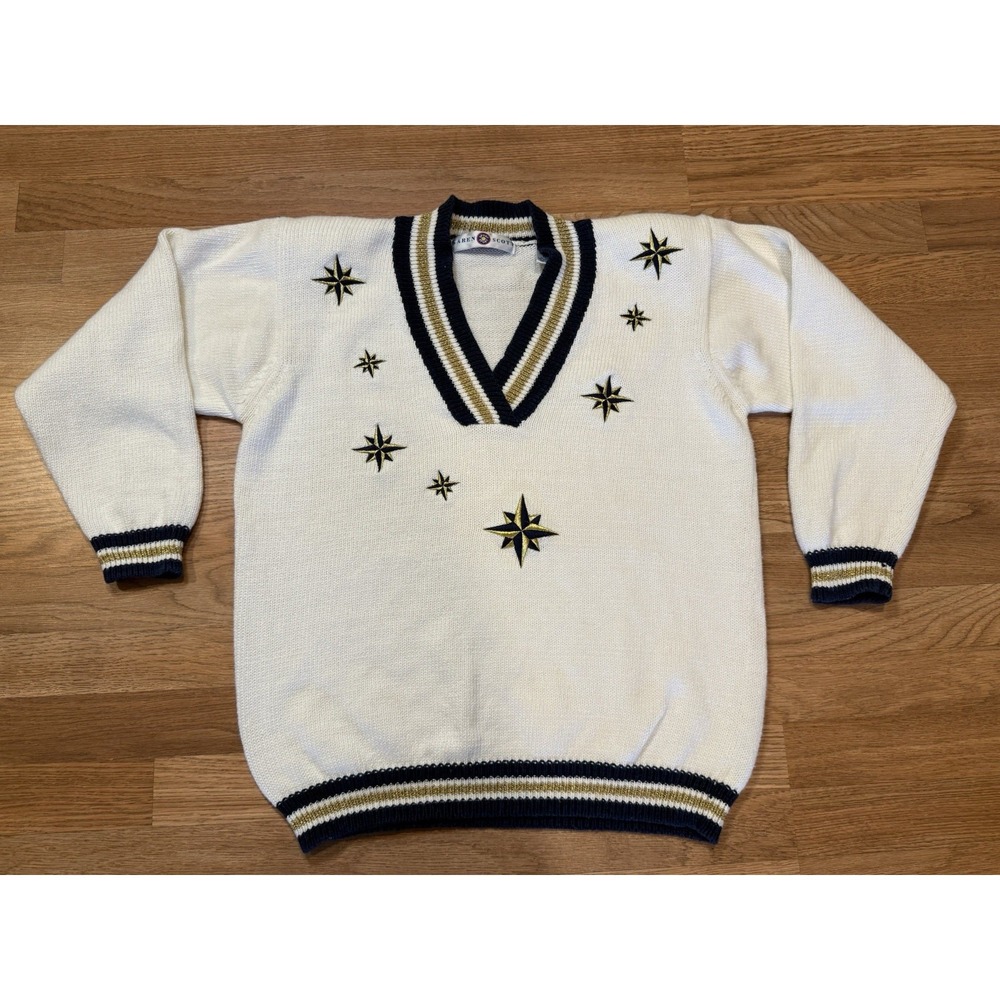 Vintage 90s Varsity Tennis Cotton Preppy‎ Academia Nautical Stars Sweater MED